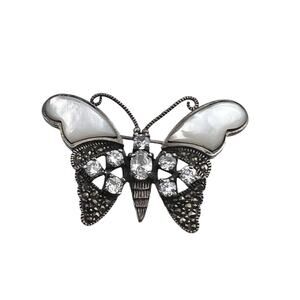 Vintage Sterling Silver Quartz Mother of Pearl & Marcasite Butterfly Brooch